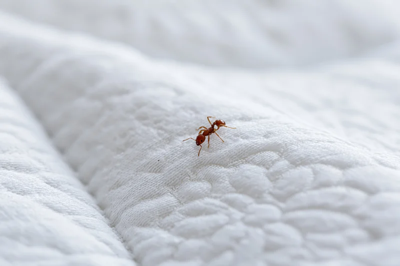 Red ant crawling across quilted white fabric surface