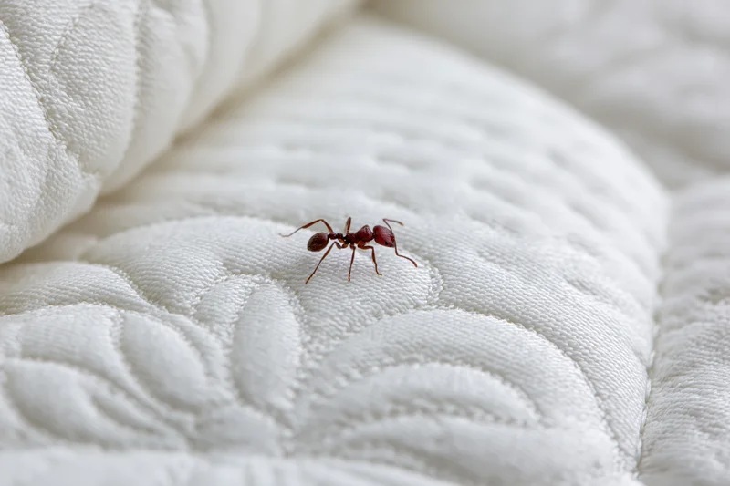 Red ant crawling across white quilted fabric surface