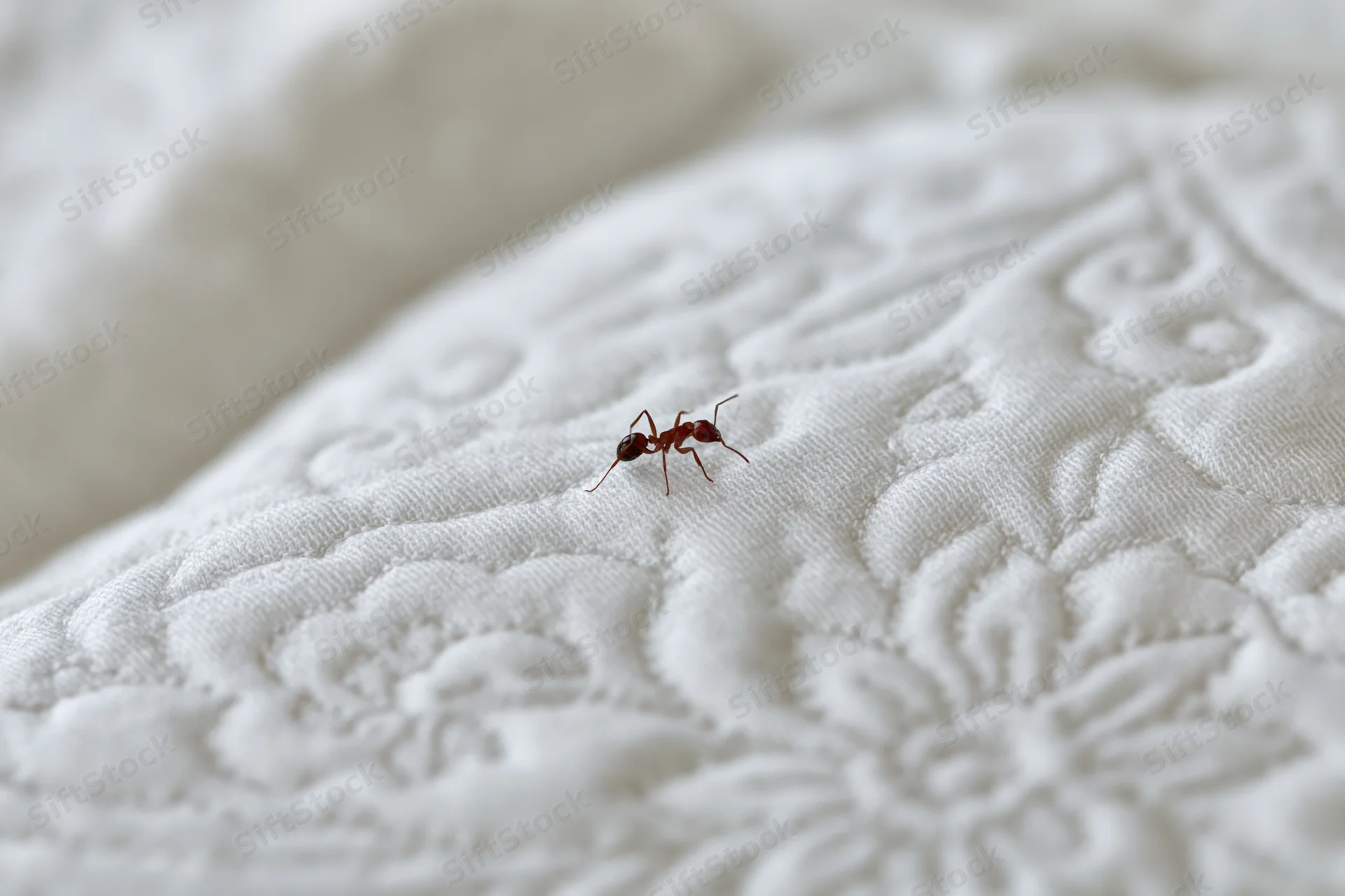 Red ant walking across quilted white fabric surface