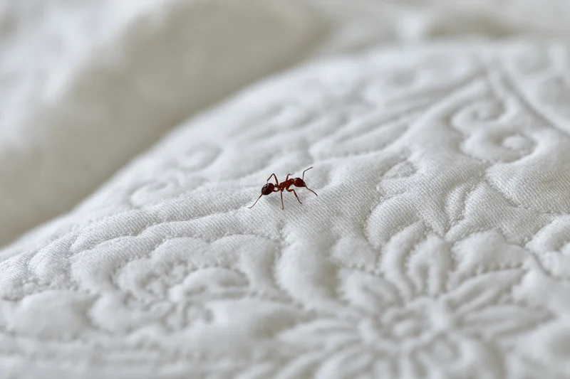 Red ant walking across quilted white fabric surface
