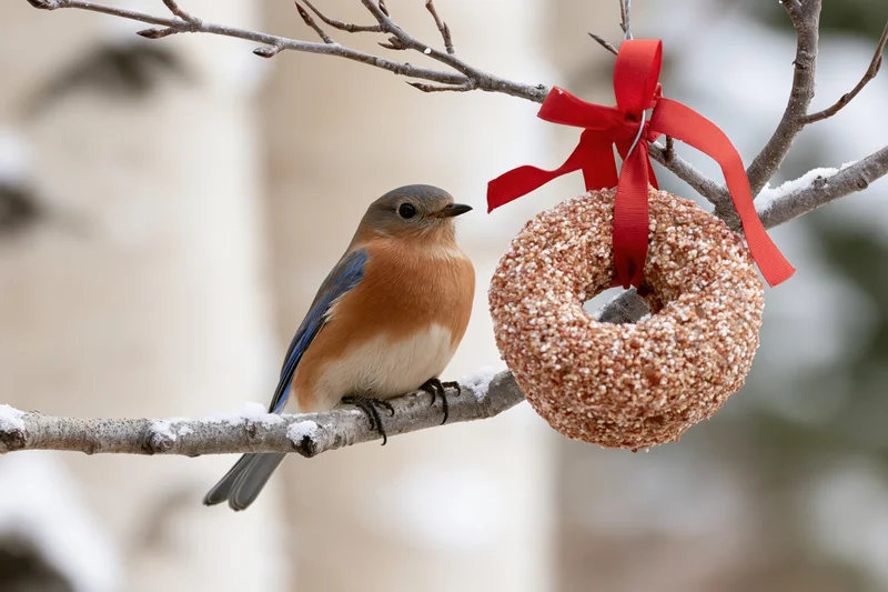 Eastern bluebird perched on snow-dusted branch beside suet feeder with red ribbon in winter garden