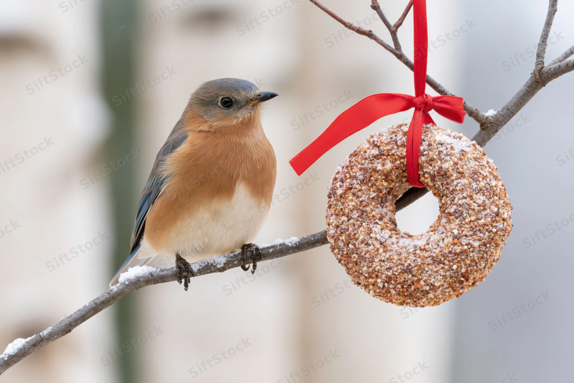 Eastern bluebird perched on snow-dusted branch beside a suet donut feeder with red ribbon