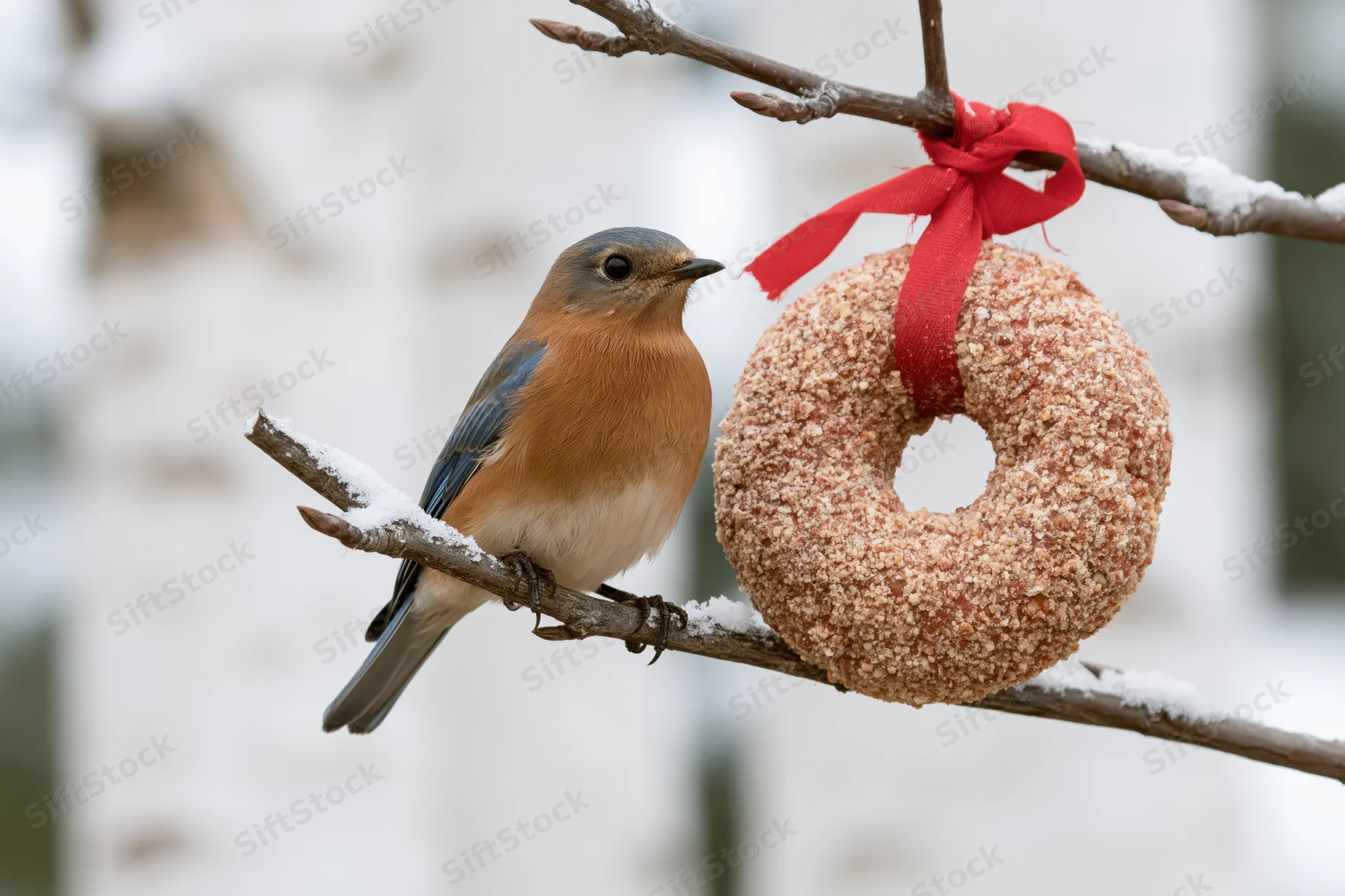 Eastern bluebird perched on snow-dusted branch beside suet doughnut feeder with red ribbon in winter garden