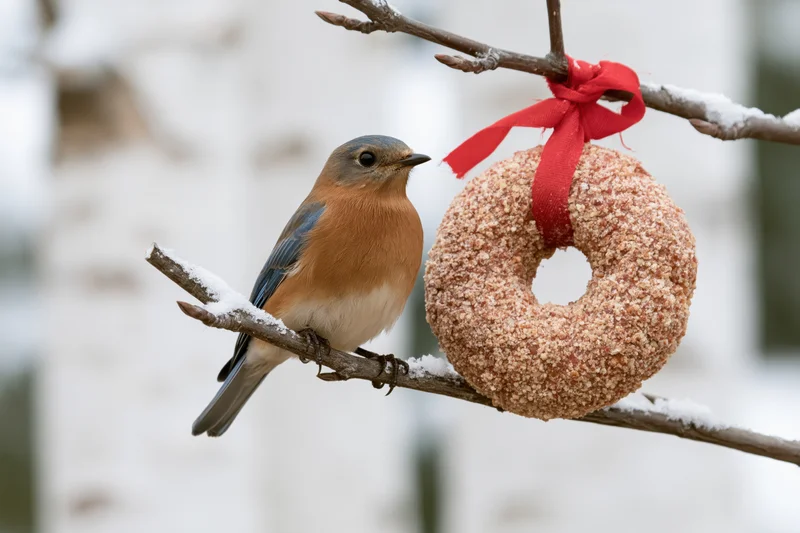 Eastern bluebird perched on snow-dusted branch beside suet doughnut feeder with red ribbon in winter garden