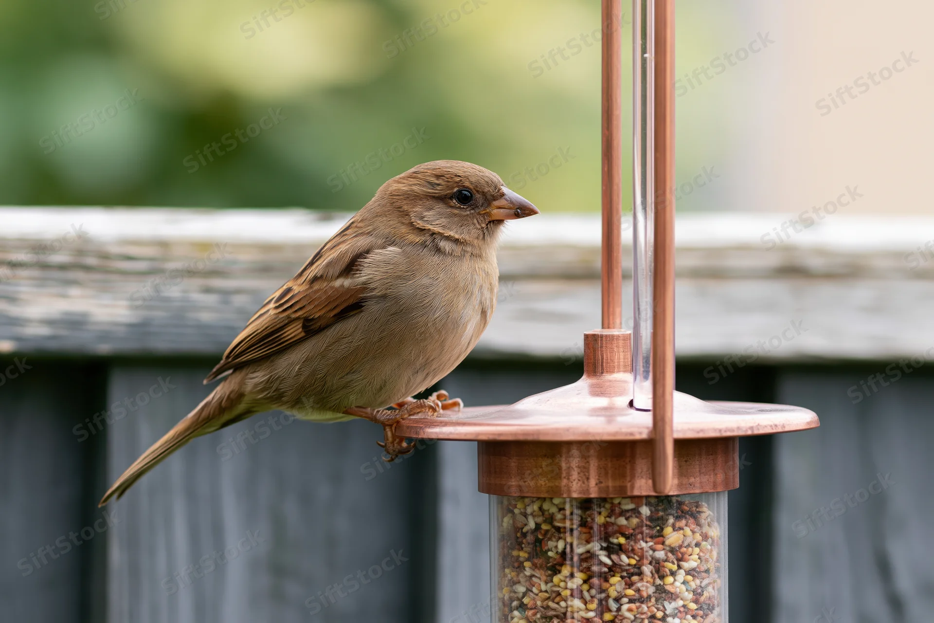 Sparrow perching on edge of copper birdfeeder in backyard garden