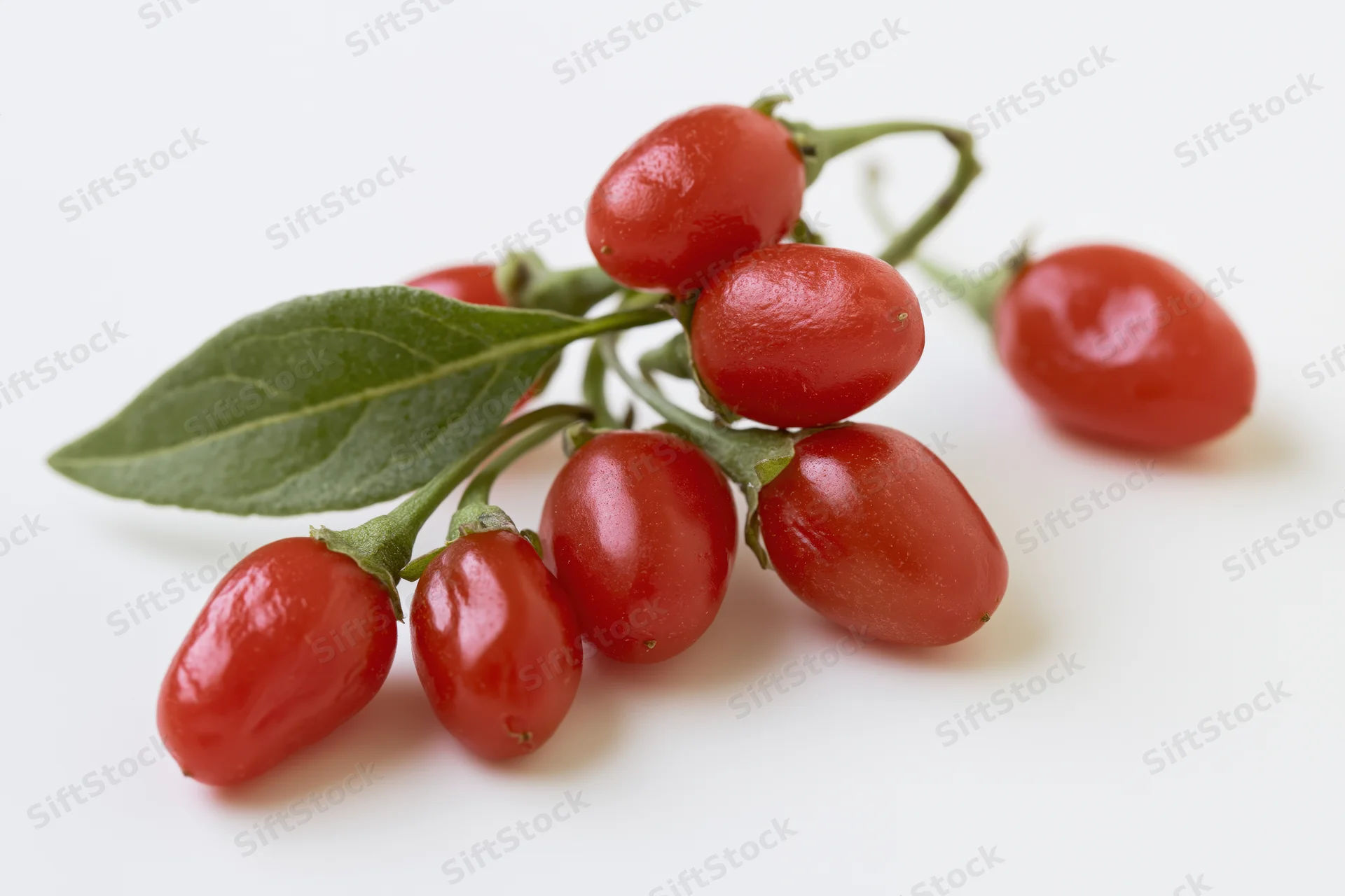 Cluster of fresh goji berries with stems and a green leaf on white background