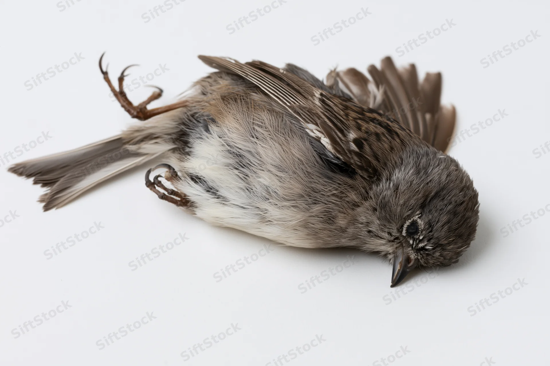 Dead small songbird lying on its side on plain white surface