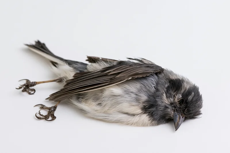 Dead small songbird lying on its side on plain white surface