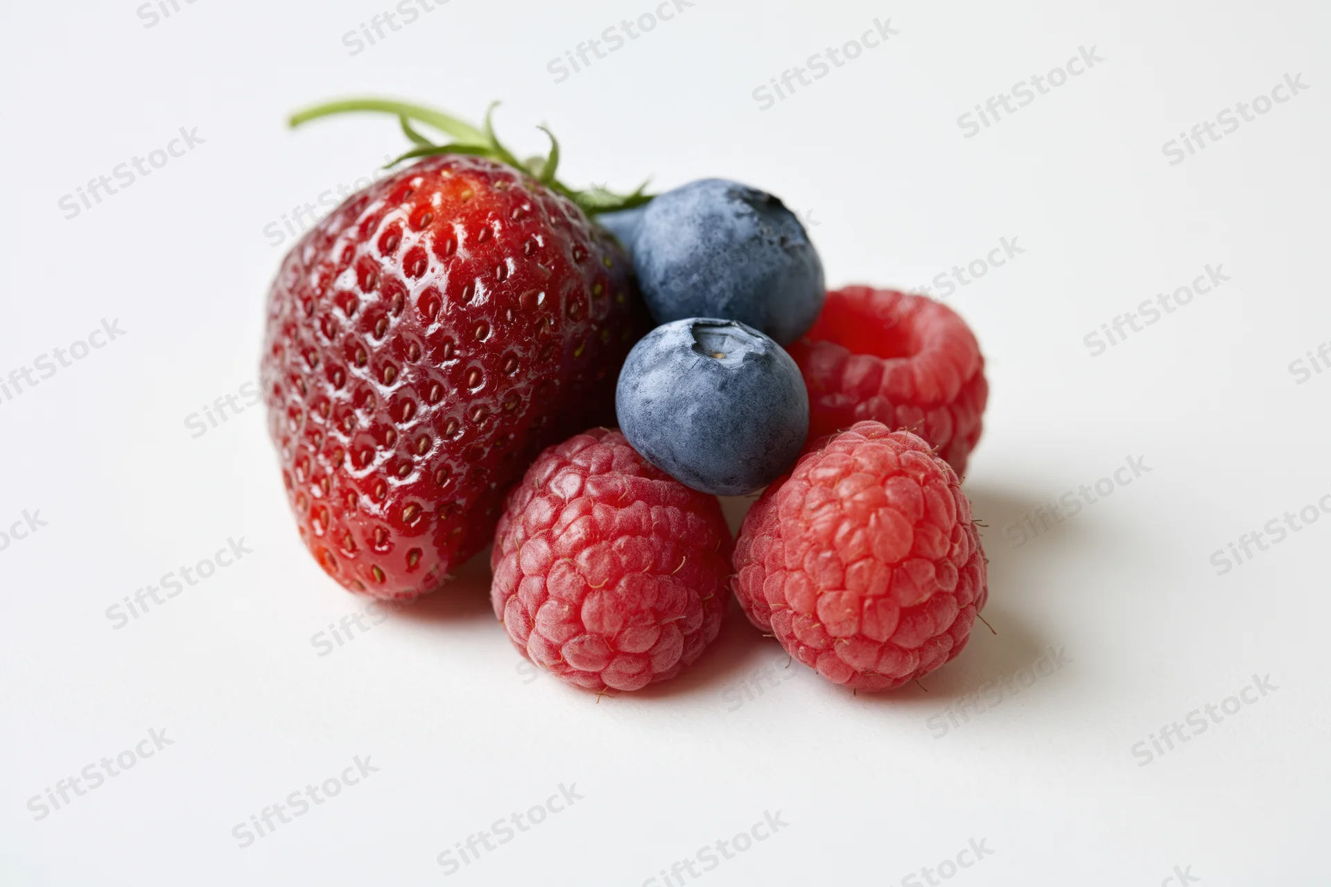 Fresh mixed berries arranged on a white surface