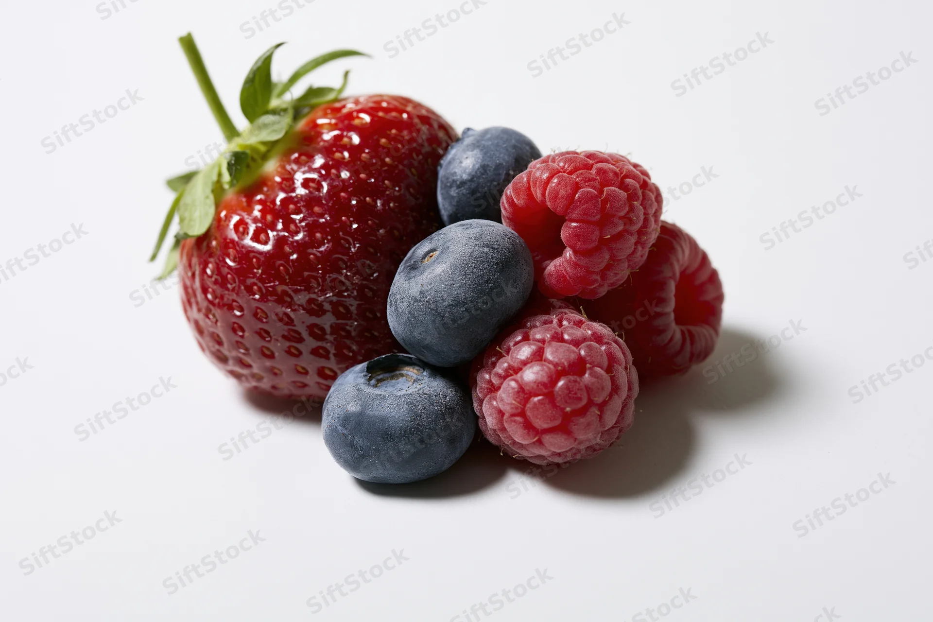 Fresh mixed berries arranged on a white surface