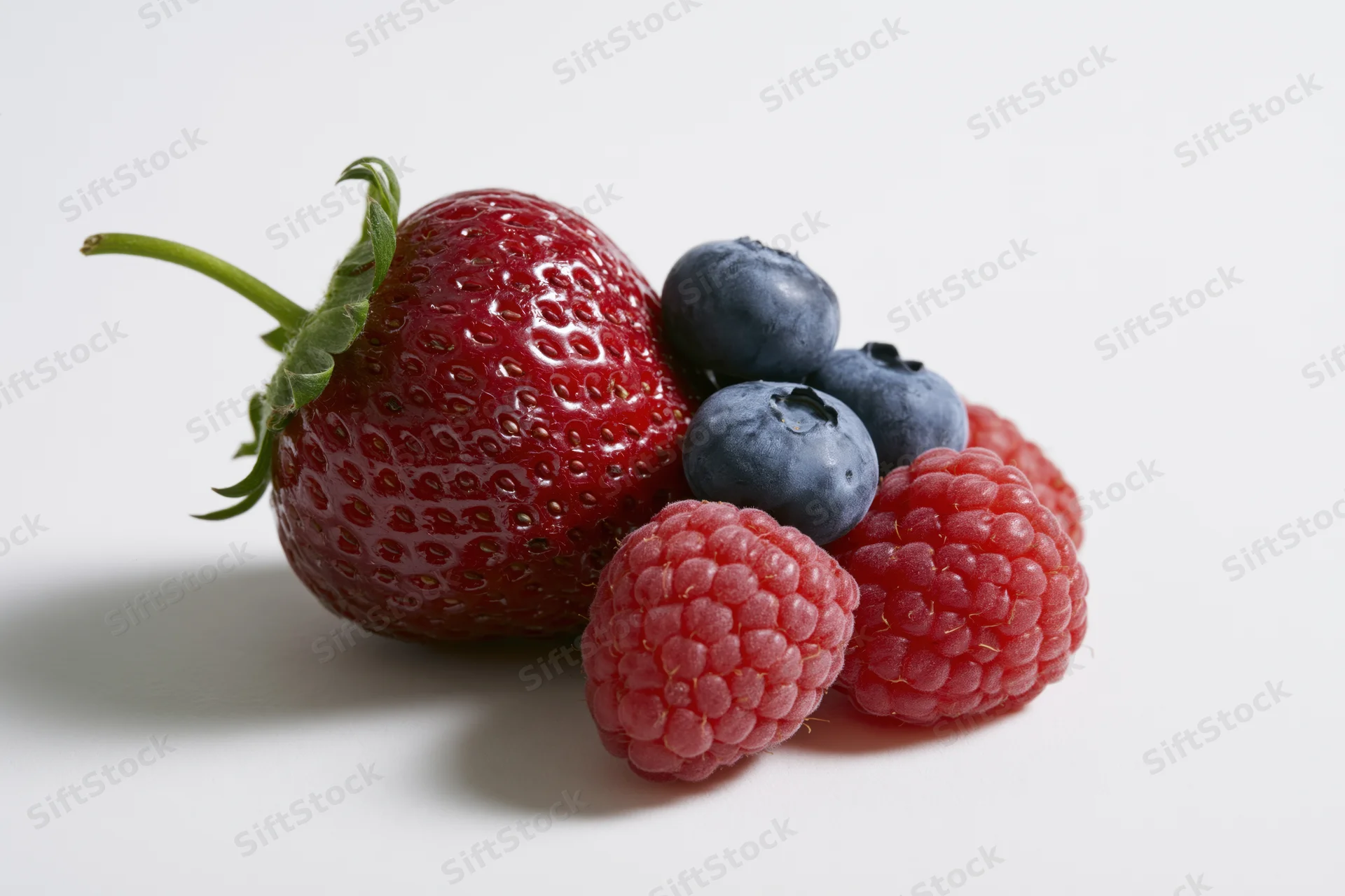 Fresh strawberries, raspberries and blueberries arranged on a white surface