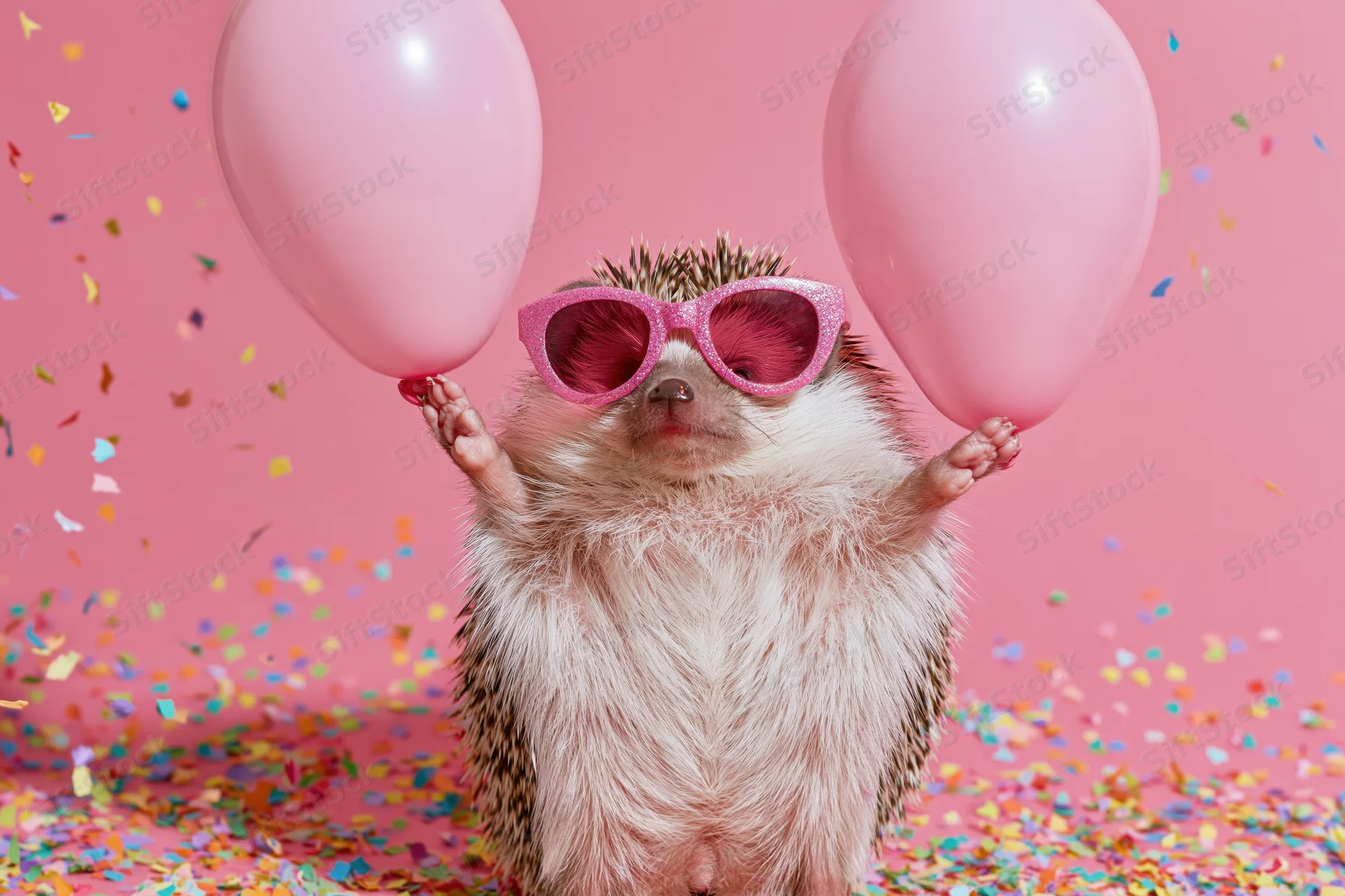 Hedgehog wearing pink glitter sunglasses holding pink balloons amidst confetti on a pink background