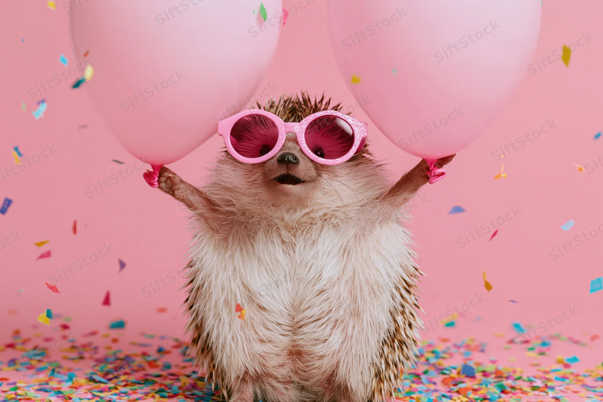 Hedgehog wearing pink glitter sunglasses holding pink balloons amidst falling confetti on a pink background
