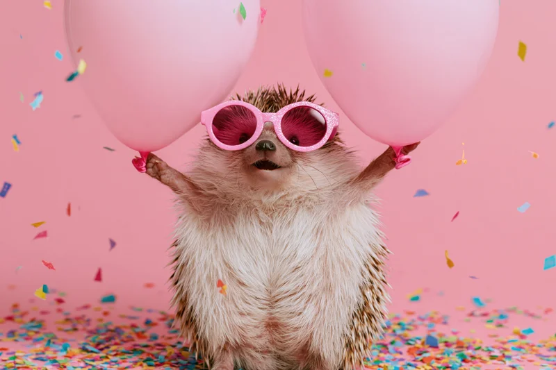 Hedgehog wearing pink glitter sunglasses holding pink balloons amidst falling confetti on a pink background