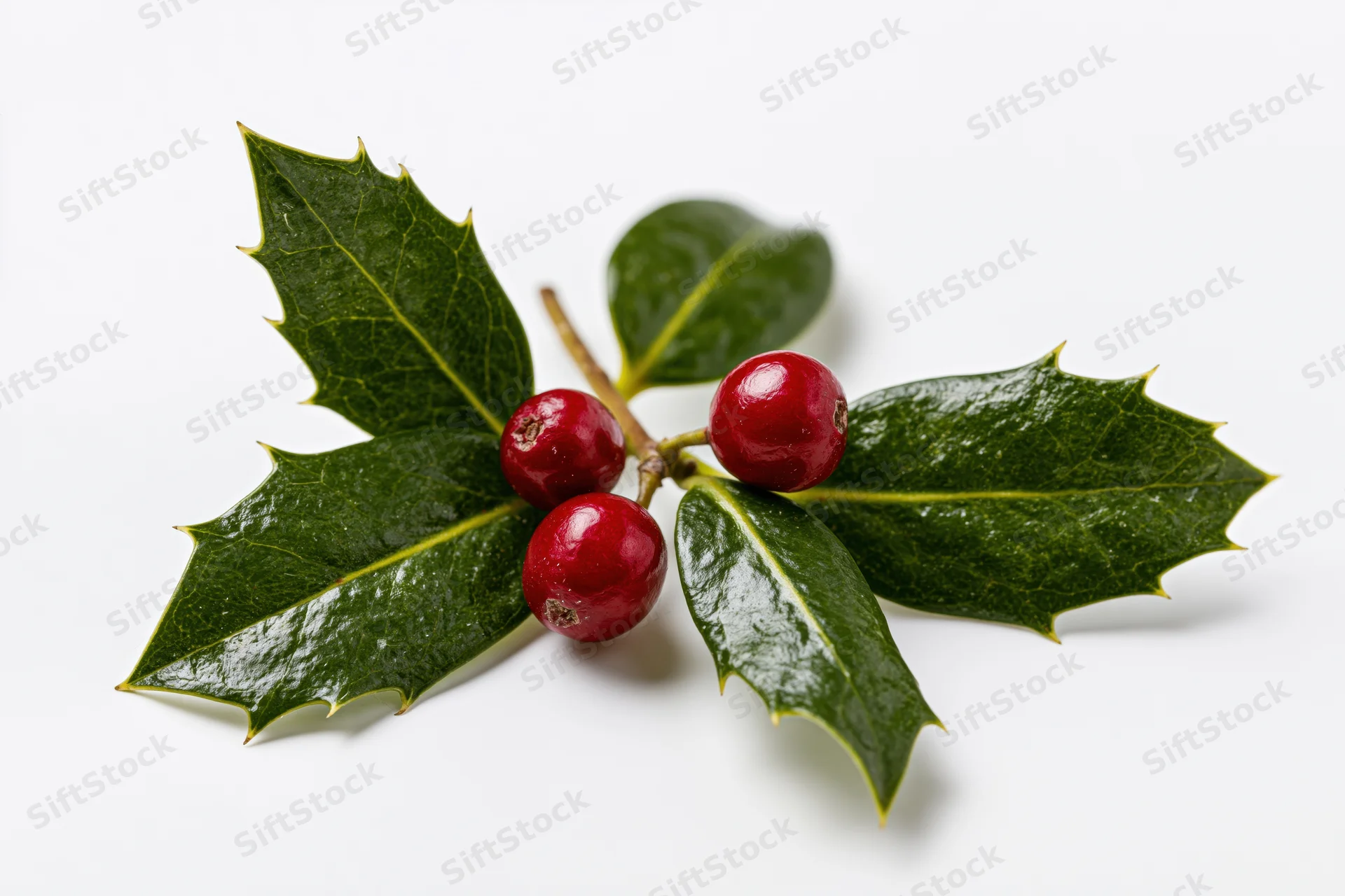 Holly sprig with red berries and green leaves on white background