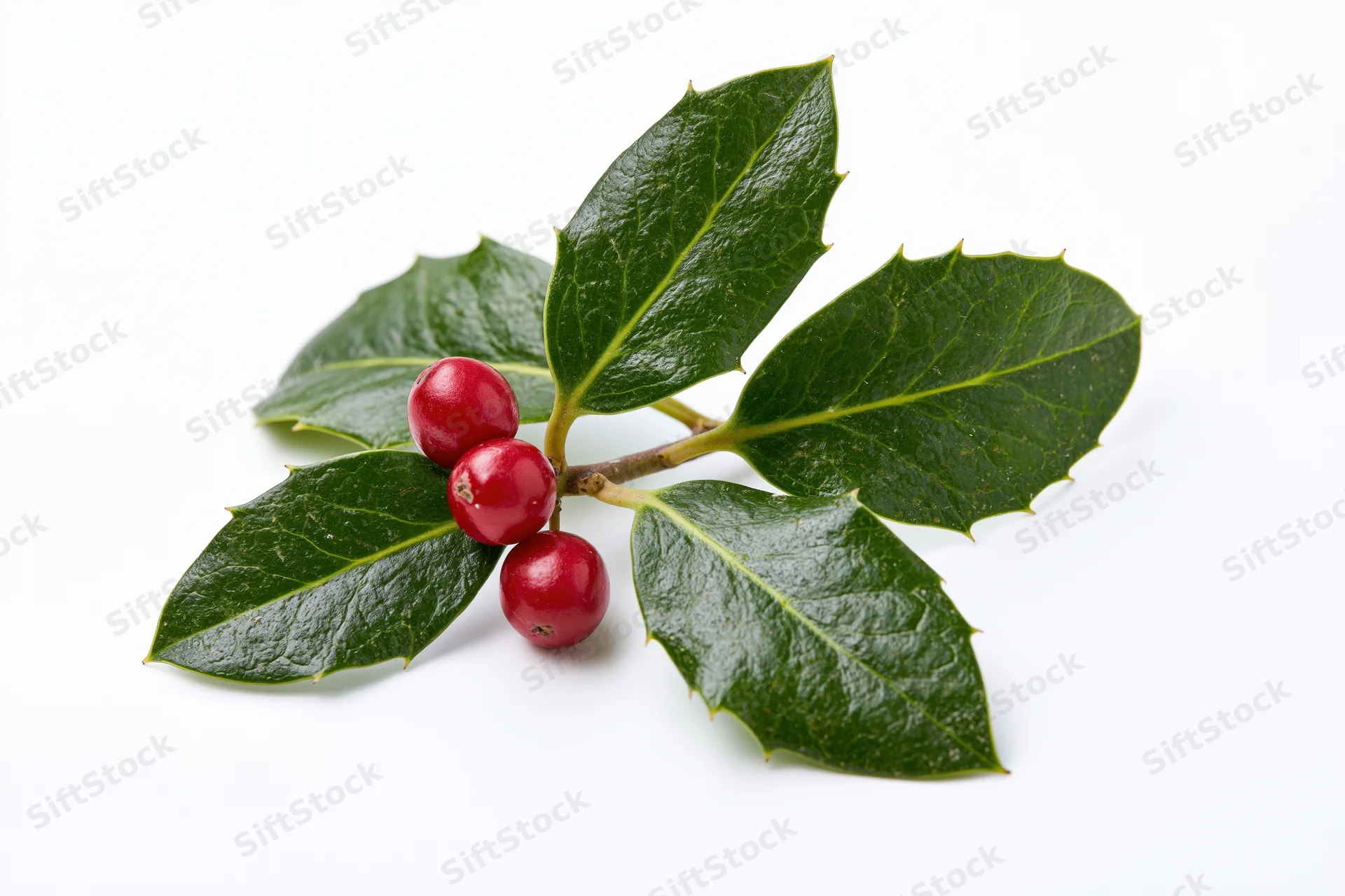 Holly sprig with red berries and green leaves on white background