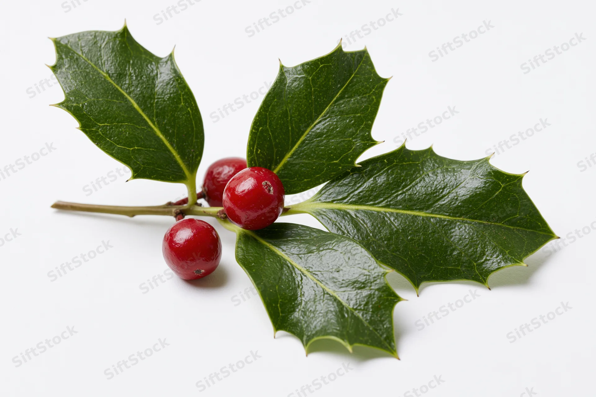 Holly sprig with red berries and green leaves on white background