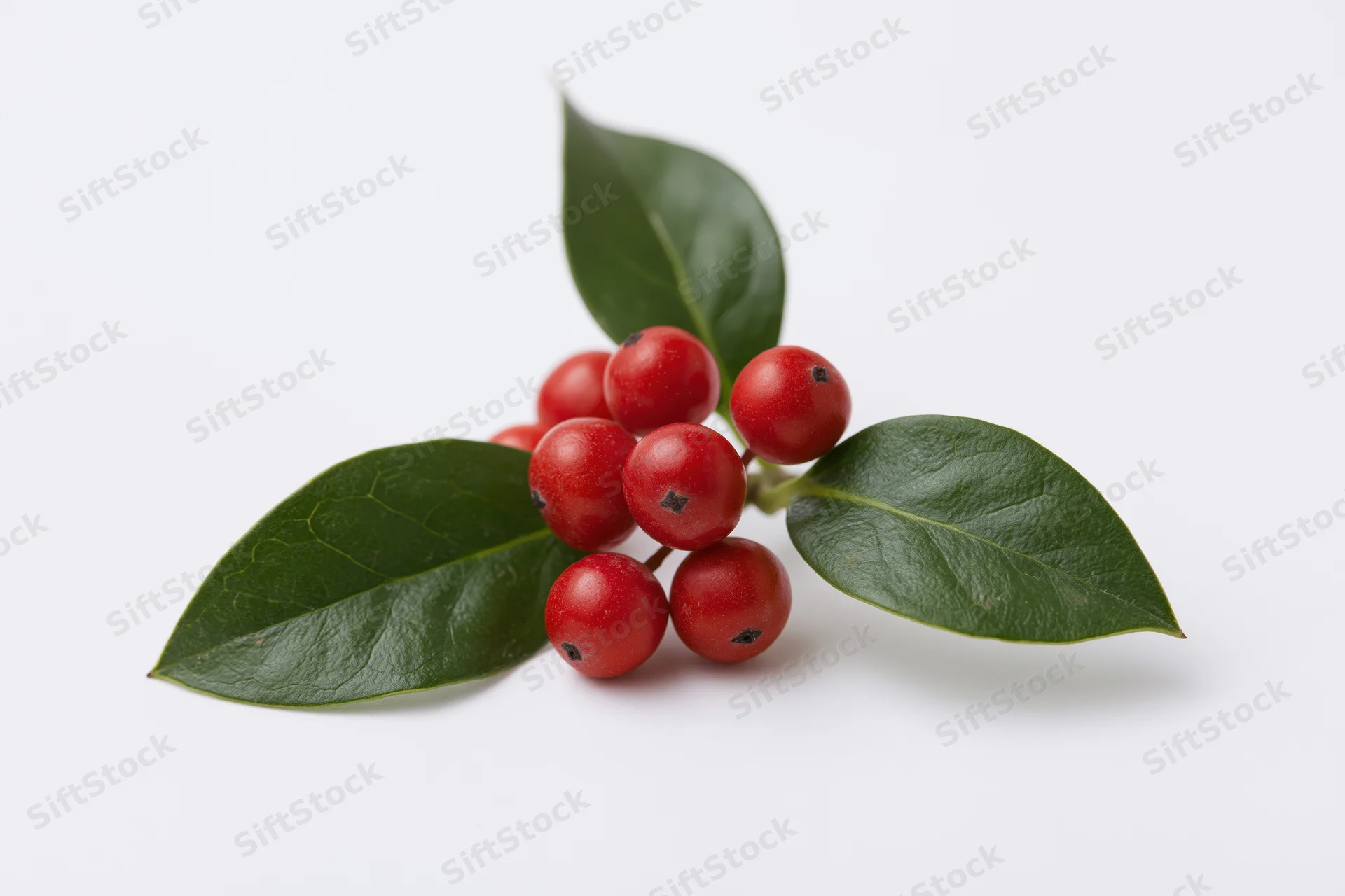 Holly sprig with red berries and dark green leaves on white background
