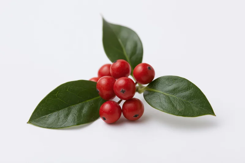 Holly sprig with red berries and dark green leaves on white background
