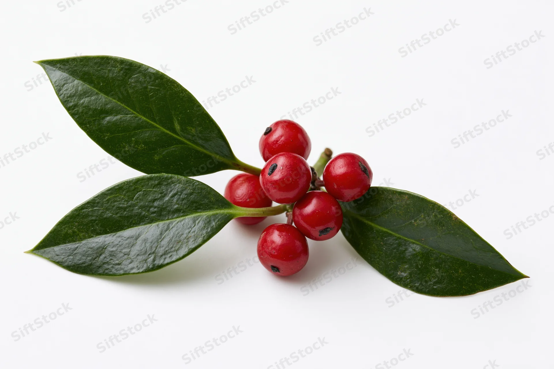 Holly sprig with red berries and dark green leaves on white background