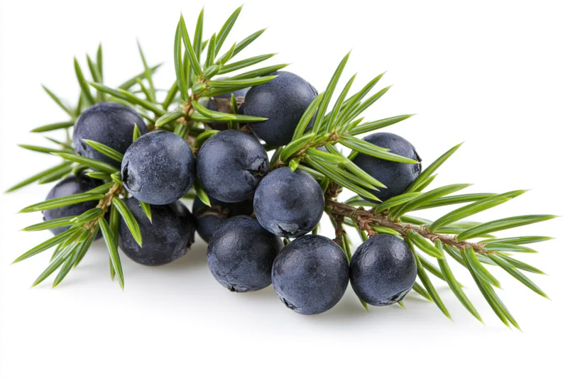 Juniper branch with dark blue-black berries and green needles on white background