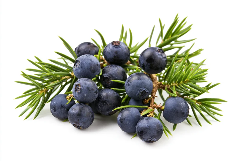 Juniper branch with dark blue berries and green needles on white background