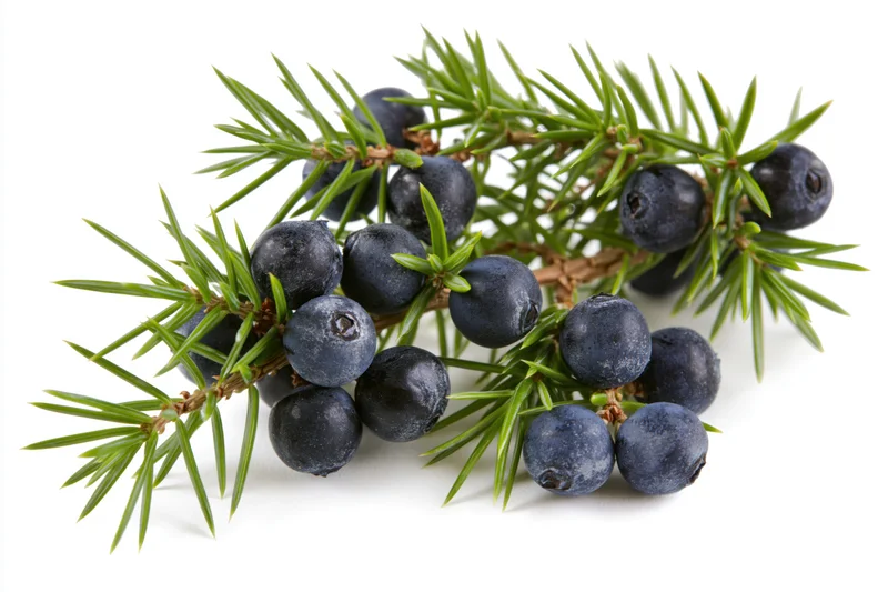 Juniper branch with dark blue berries and green needles on white background