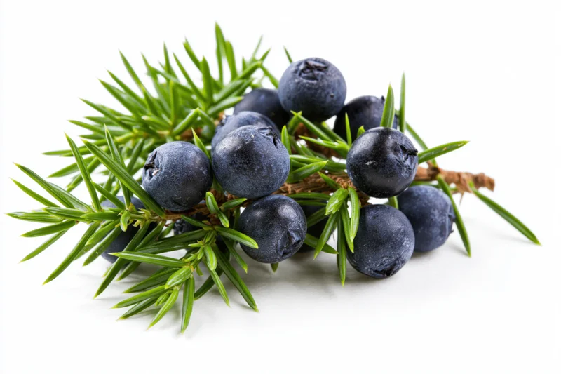 Juniper branch with dark blue berries and green needles on white background
