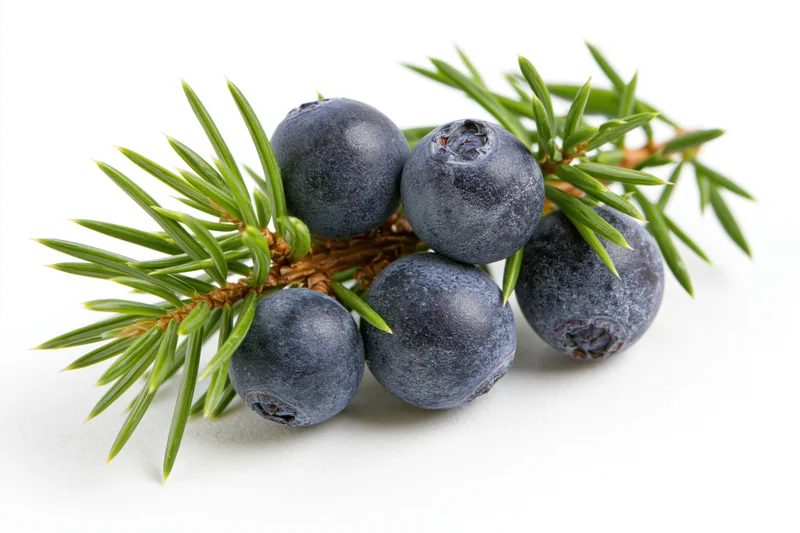 Juniper branch with five ripe dark blue-black berries on white background