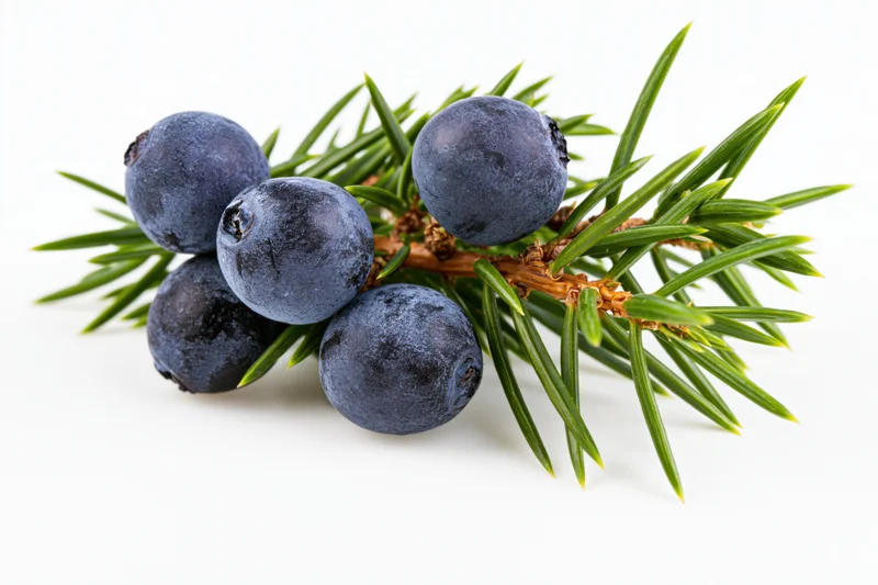 Juniper branch with five dark blue berries and green needles on white background