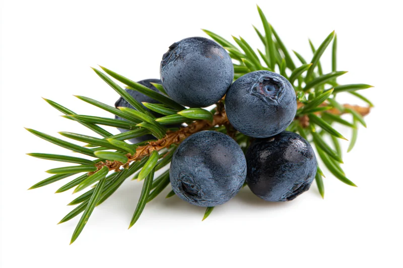Juniper branch with five ripe dark blue berries on white background