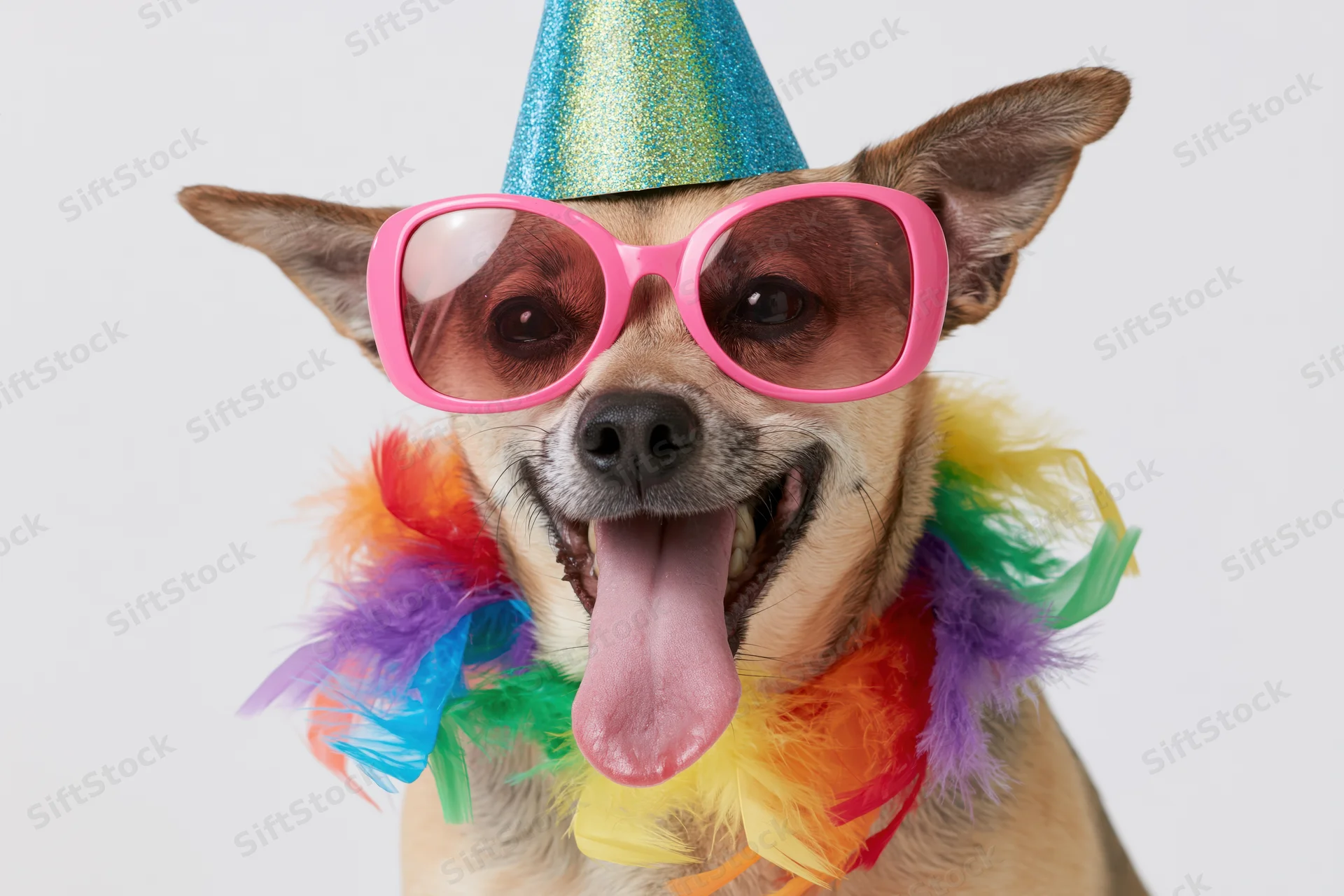 Small mixed-breed dog wearing pink sunglasses and a party hat with a rainbow boa, tongue out, in a studio setting