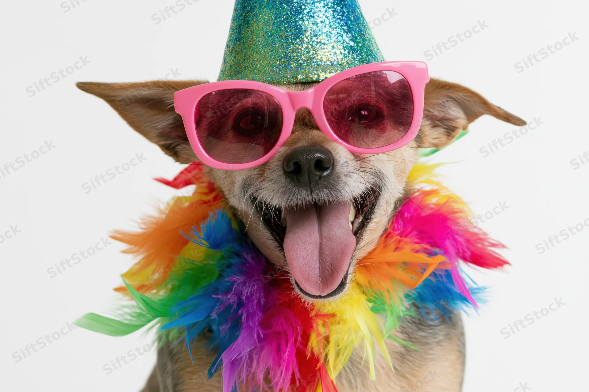 Small mixed-breed dog wearing pink sunglasses and a glittery party hat with a rainbow feather boa, tongue out, isolated on white