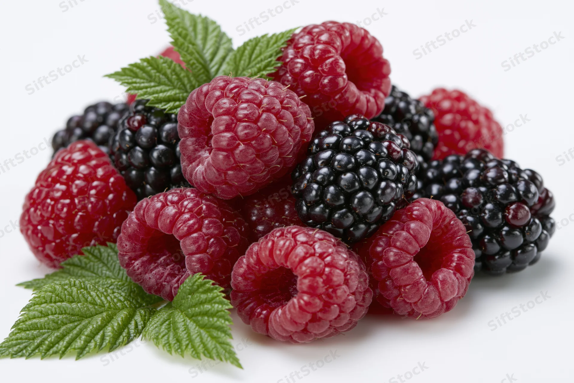Fresh raspberries and blackberries with green leaves arranged in a small pile on white background