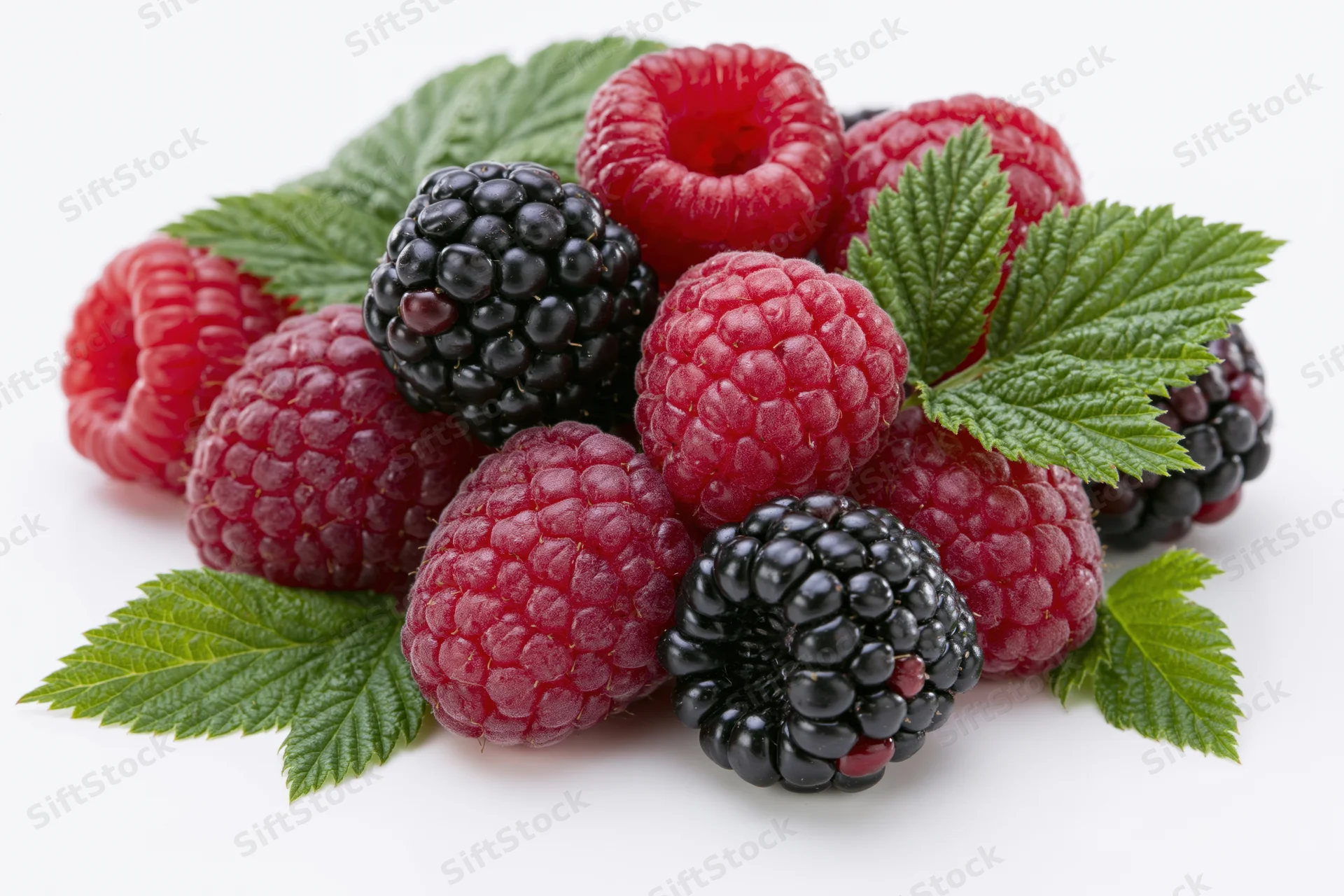 Fresh raspberries and blackberries with green leaves arranged in a small pile on white background