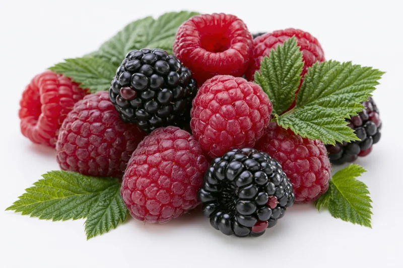 Fresh raspberries and blackberries with green leaves arranged in a small pile on white background