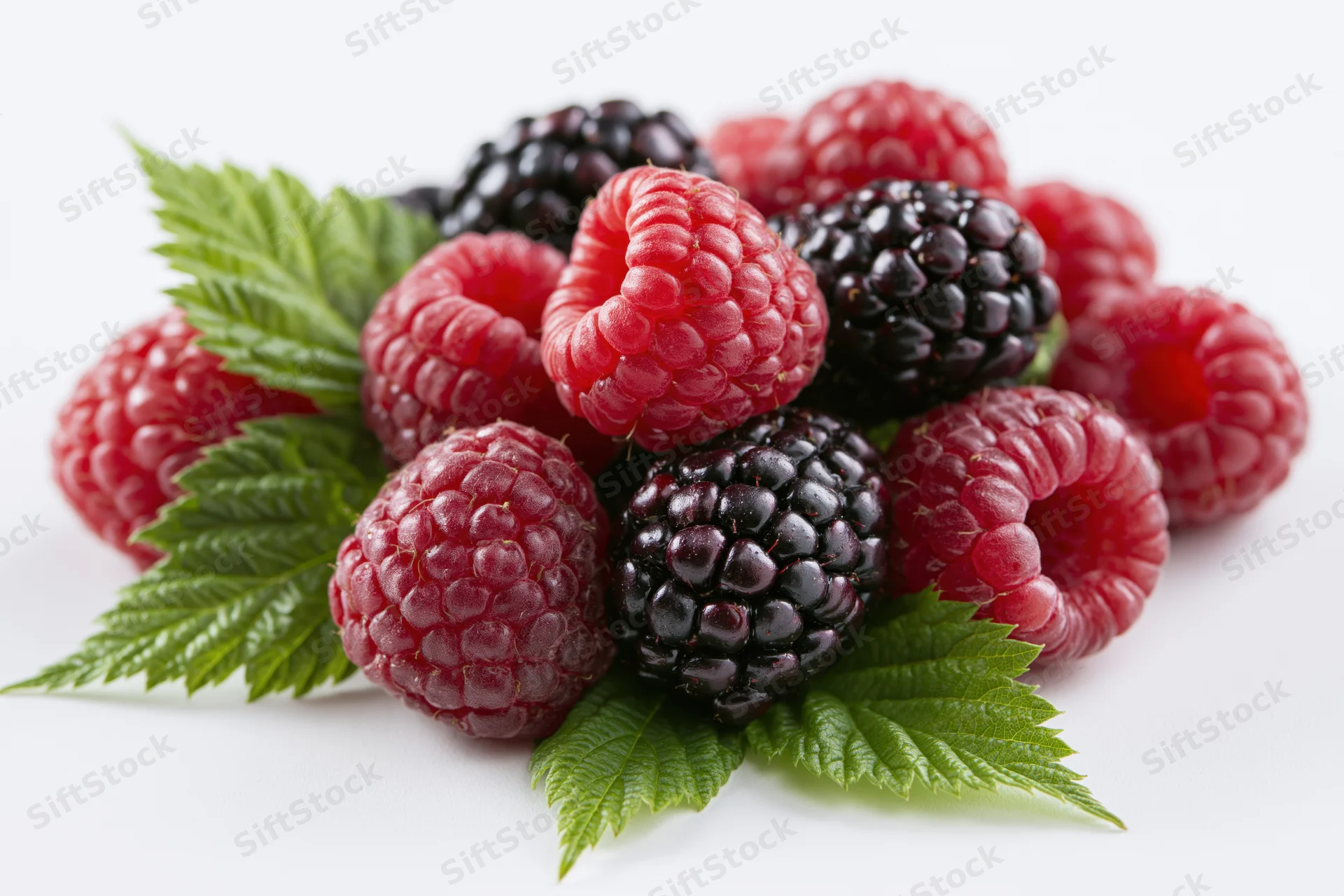 Fresh raspberries and blackberries with green leaves arranged in a pile on white background