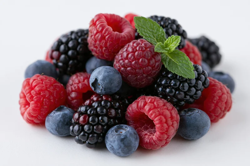A pile of fresh raspberries, blackberries and blueberries with a mint leaf on a white surface