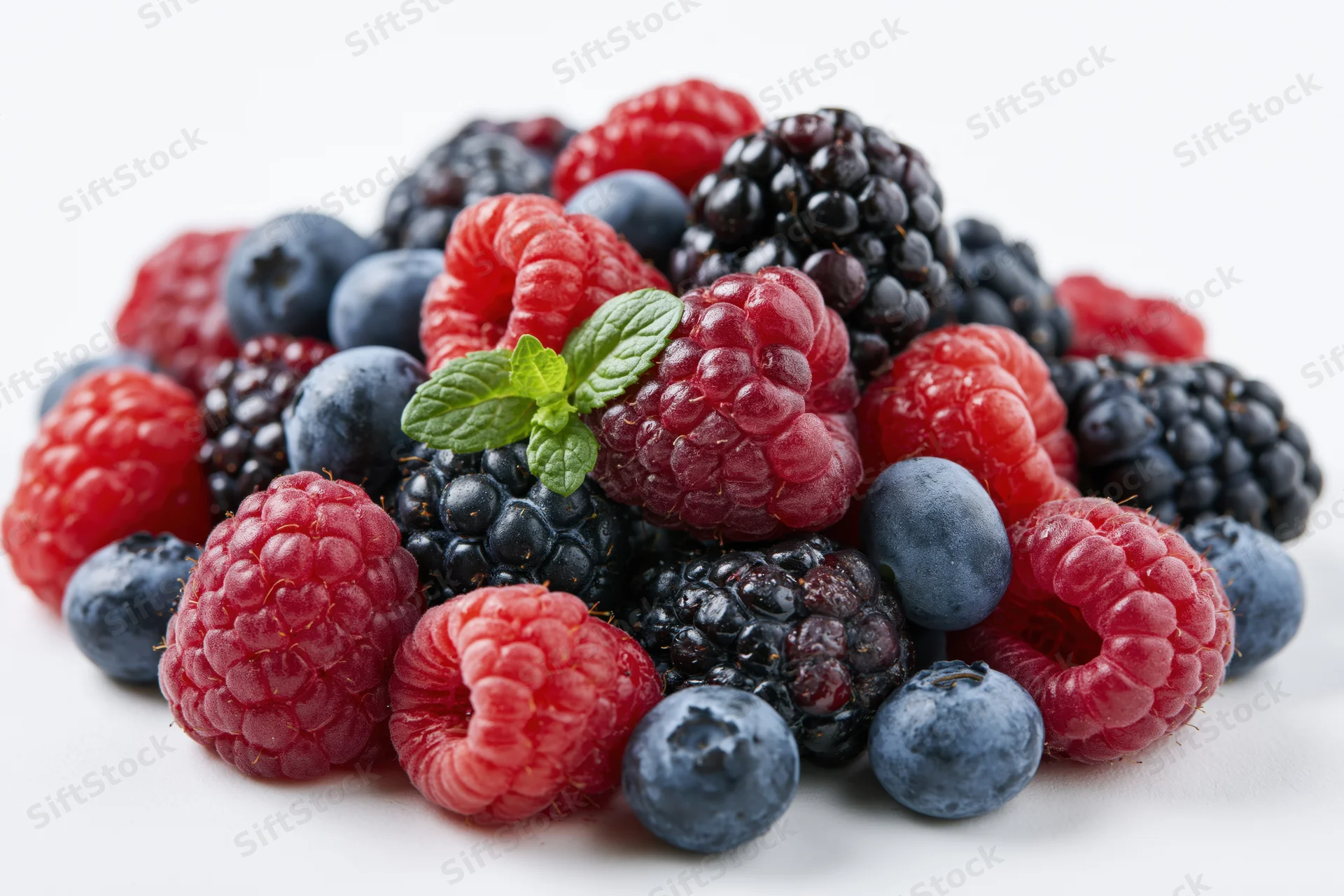 Pile of fresh raspberries, blackberries and blueberries with mint leaves on white background