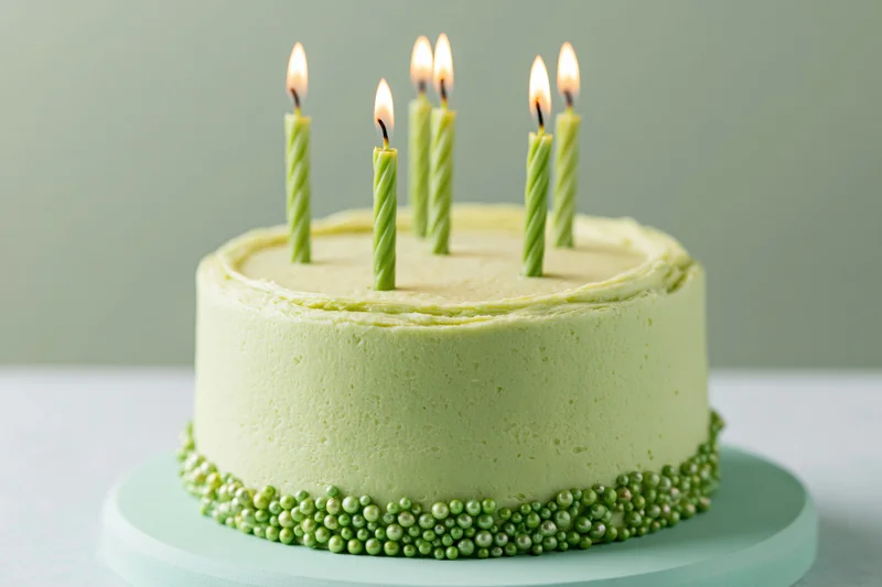 Small round lime green frosted birthday cake with lit candles on a cake stand