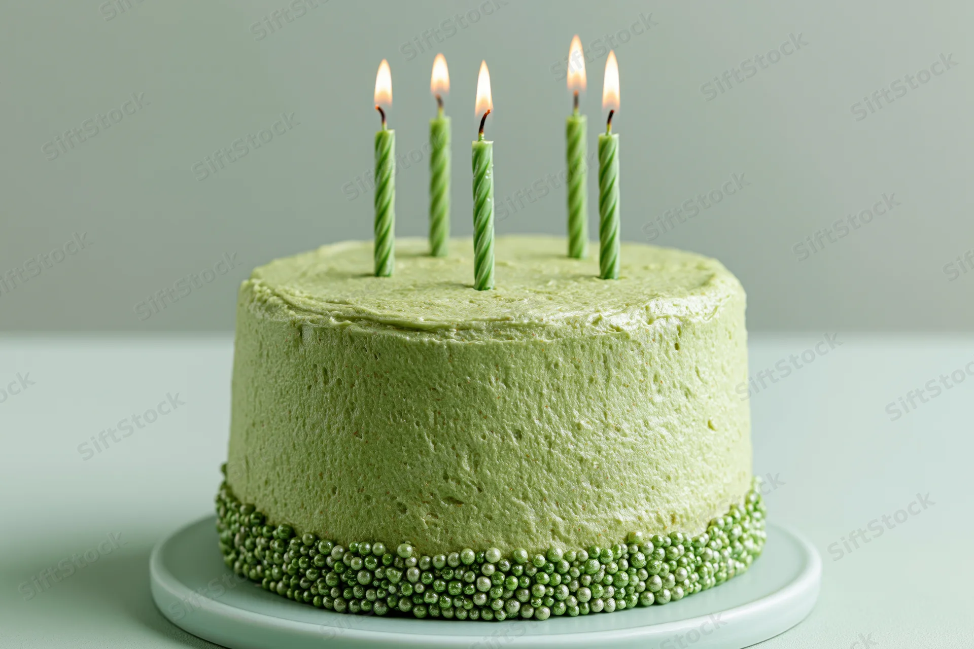 Small round green frosted birthday cake with lit candles on a white plate