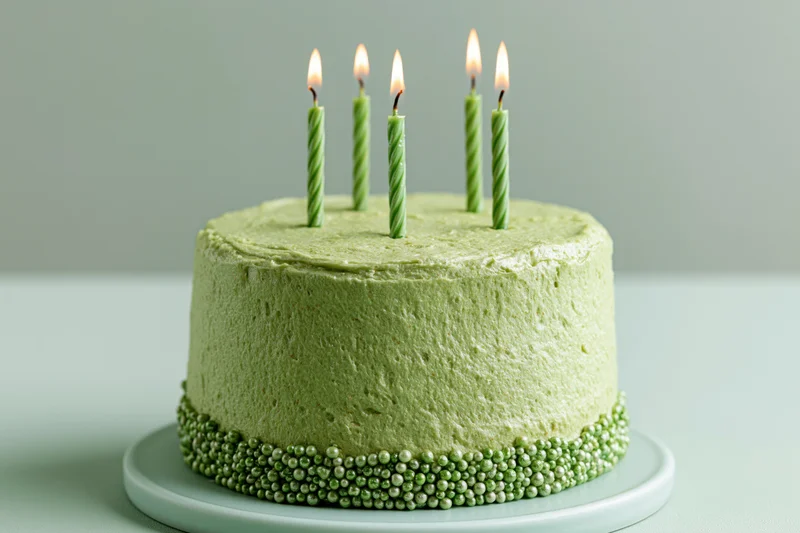 Small round green frosted birthday cake with lit candles on a white plate