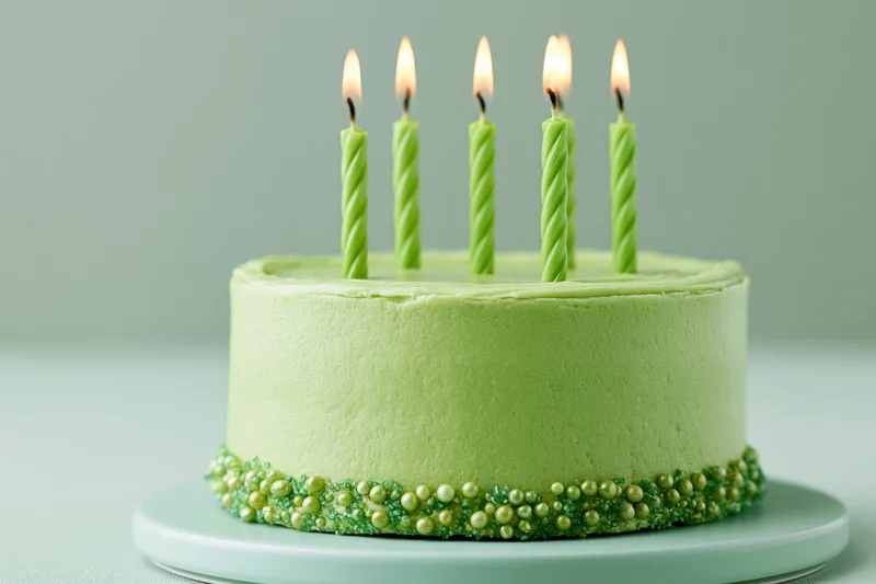 Lime green frosted birthday cake with lit candles on a plate