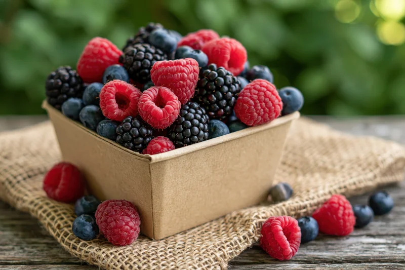 Fresh berries overflowing from a cardboard basket on burlap over wooden surface