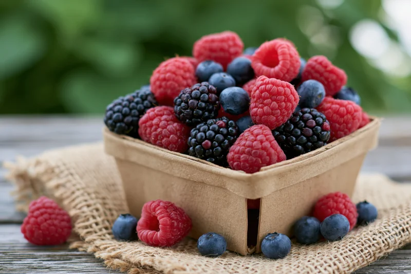 A cardboard basket overflowing with raspberries, blueberries and blackberries on a burlap cloth over a wooden table outdoors