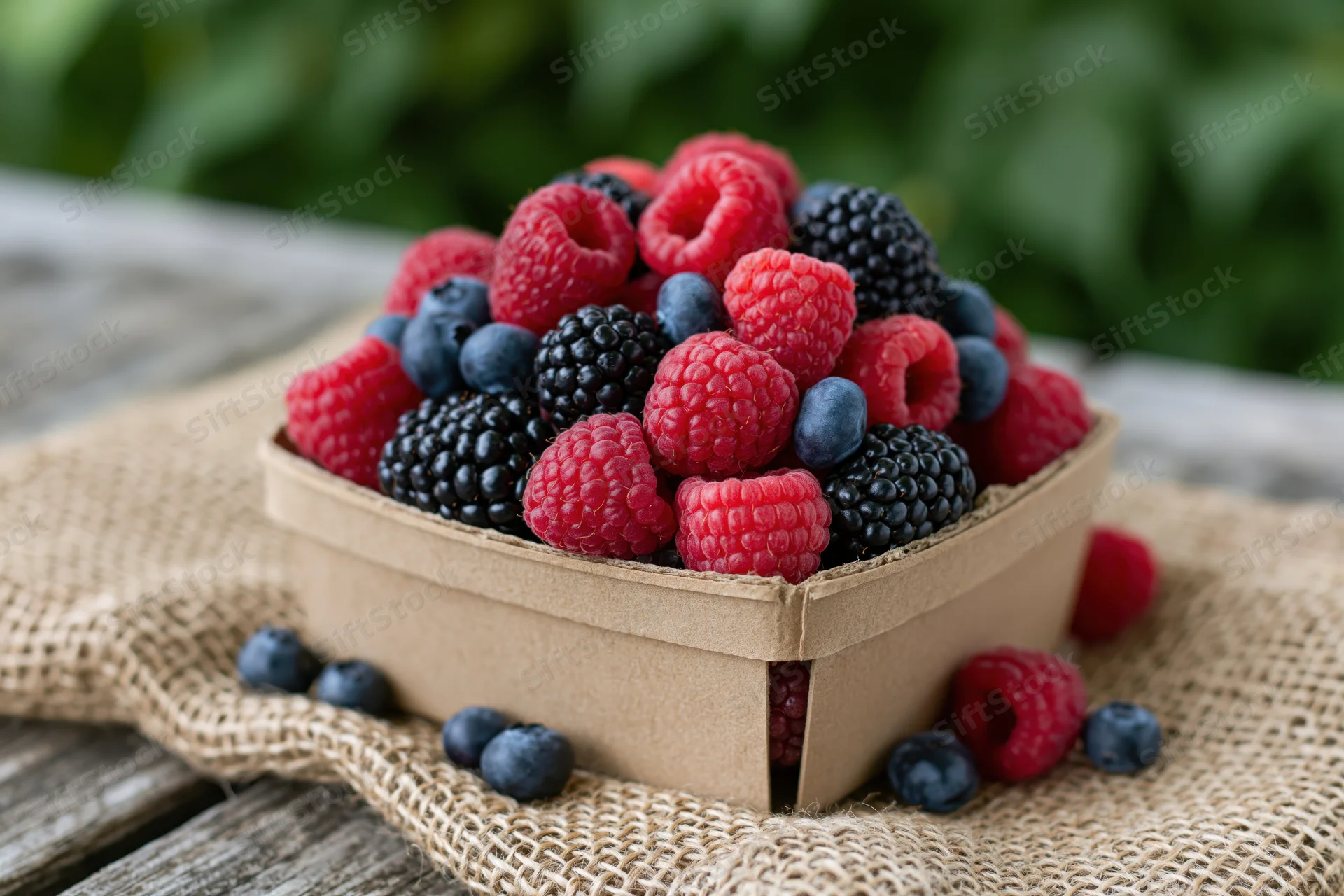 Fresh raspberries blueberries and blackberries overflowing from a cardboard basket on burlap over a wooden table