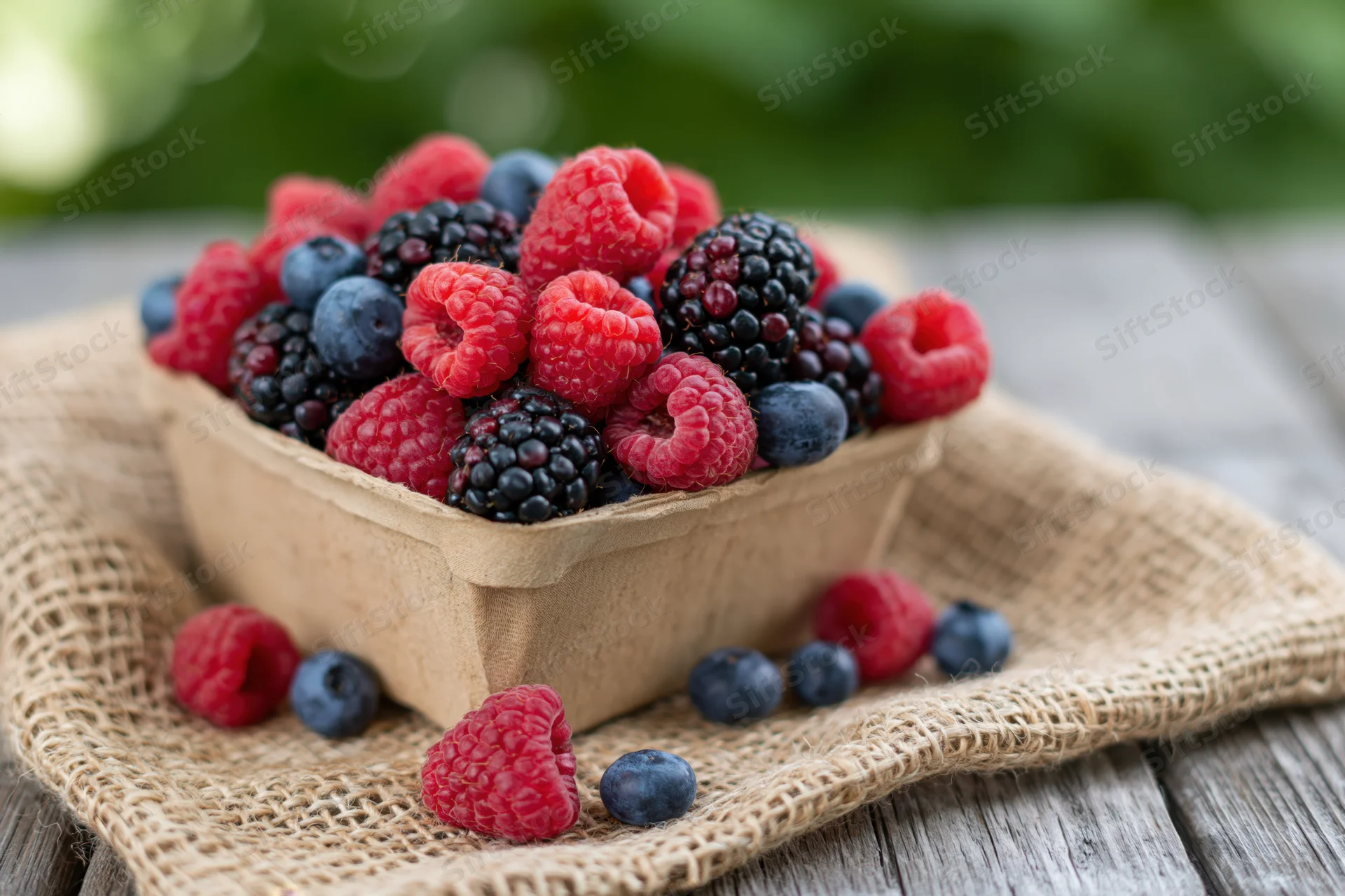Mixed berries overflowing from a cardboard basket on burlap over wooden table