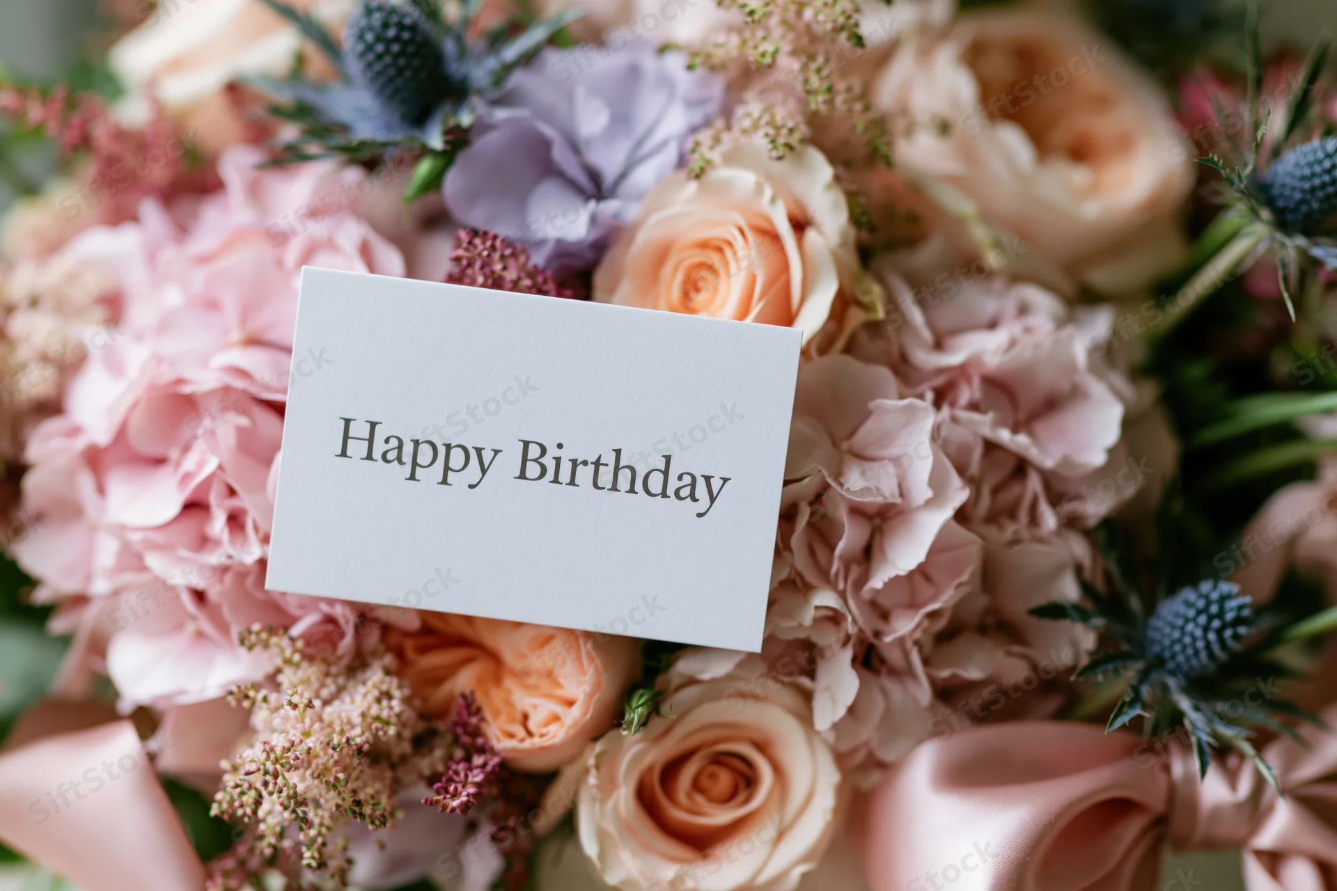 Birthday card with happy birthday text nestled in a bouquet of pink and peach roses, hydrangeas, and thistles, tied with a satin ribbon