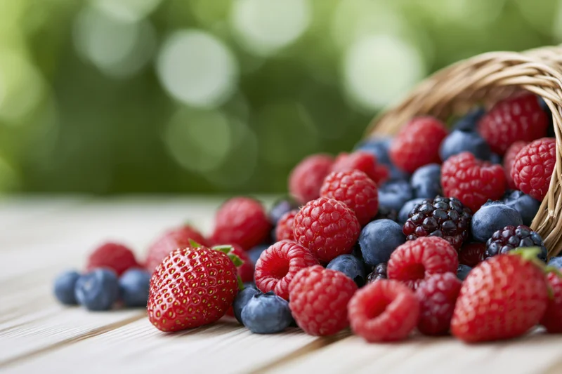 Mixed berries spilling from a wicker basket onto a wooden table outdoors
