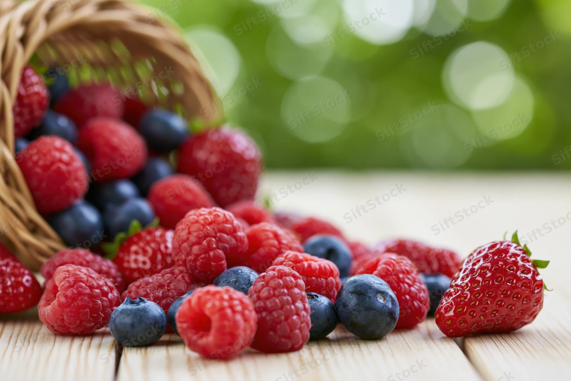 Spilled raspberries, blueberries and strawberries from a wicker basket on a wooden table outdoors